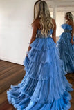 Blue Tulle Off The Shoulder Beading Ruffles Prom Dress