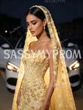Yellow Strapless Mermaid Gown With Sequin Floral Prom Dress