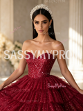 Sparkling Dark Red Strapless  Ruffle Skirt Prom Dress