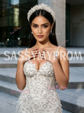Beading White Sparkle Trumpet Mermaid Spaghetti Straps Prom Dress