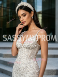 Beading White Sparkle Trumpet Mermaid Spaghetti Straps Prom Dress