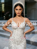 Beading White Sparkle Trumpet Mermaid Spaghetti Straps Prom Dress