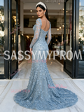 Beaded Dusty Blue Long Sleeve Mermaid Formal Prom Dress