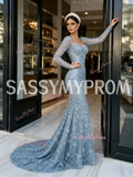 Beaded Dusty Blue Long Sleeve Mermaid Formal Prom Dress