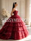 Sparkling Dark Red Strapless  Ruffle Skirt Prom Dress