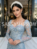 Beaded Dusty Blue Long Sleeve Mermaid Formal Prom Dress