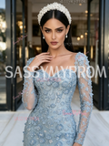 Beaded Dusty Blue Long Sleeve Mermaid Formal Prom Dress