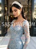 Beaded Dusty Blue Long Sleeve Mermaid Formal Prom Dress