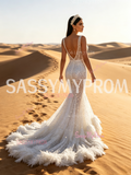 Feather Sequin Trumpet Mermaid V Neck White Prom Dress