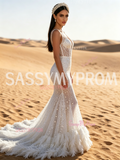 Feather Sequin Trumpet Mermaid V Neck White Prom Dress