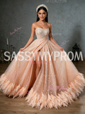 A Line Sequin Pink Sparkle Tulle Strapless Feather Prom Dress With Slit