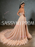 A Line Sequin Pink Sparkle Tulle Strapless Feather Prom Dress With Slit