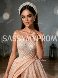 A Line Sequin Pink Sparkle Tulle Strapless Feather Prom Dress With Slit