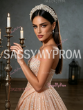 A Line Sequin Pink Sparkle Tulle Strapless Feather Prom Dress With Slit