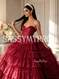 Sparkling Dark Red Strapless  Ruffle Skirt Prom Dress