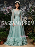 Scoop A Line Cape Feather Green Long Sleeves Prom Dress