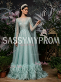 Scoop A Line Cape Feather Green Long Sleeves Prom Dress
