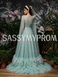 Scoop A Line Cape Feather Green Long Sleeves Prom Dress