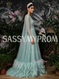 Scoop A Line Cape Feather Green Long Sleeves Prom Dress