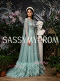 Scoop A Line Cape Feather Green Long Sleeves Prom Dress