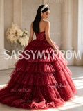 Sparkling Dark Red Strapless  Ruffle Skirt Prom Dress