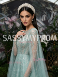 Scoop A Line Cape Feather Green Long Sleeves Prom Dress