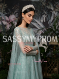 Scoop A Line Cape Feather Green Long Sleeves Prom Dress