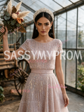 Sequin Short Sleeves Pink Scoop Tulle Feather A Line Prom Dress