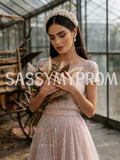Sequin Short Sleeves Pink Scoop Tulle Feather A Line Prom Dress