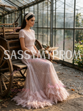 Sequin Short Sleeves Pink Scoop Tulle Feather A Line Prom Dress