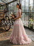 Sequin Short Sleeves Pink Scoop Tulle Feather A Line Prom Dress