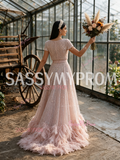 Sequin Short Sleeves Pink Scoop Tulle Feather A Line Prom Dress