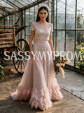 Sequin Short Sleeves Pink Scoop Tulle Feather A Line Prom Dress