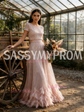 Sequin Short Sleeves Pink Scoop Tulle Feather A Line Prom Dress