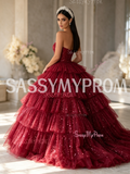 Sparkling Dark Red Strapless  Ruffle Skirt Prom Dress
