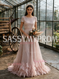 Sequin Short Sleeves Pink Scoop Tulle Feather A Line Prom Dress