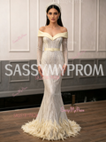 Long Sleeve Belt Trumpet Mermaid Off The Shoulder Feather Prom Dress