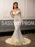 Long Sleeve Belt Trumpet Mermaid Off The Shoulder Feather Prom Dress