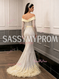 Long Sleeve Belt Trumpet Mermaid Off The Shoulder Feather Prom Dress