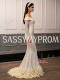 Long Sleeve Belt Trumpet Mermaid Off The Shoulder Feather Prom Dress