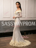 Long Sleeve Belt Trumpet Mermaid Off The Shoulder Feather Prom Dress