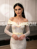 Long Sleeve Belt Trumpet Mermaid Off The Shoulder Feather Prom Dress