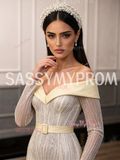 Long Sleeve Belt Trumpet Mermaid Off The Shoulder Feather Prom Dress