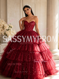 Sparkling Dark Red Strapless  Ruffle Skirt Prom Dress