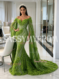 Beading Flower Luxury Trumpet Green Tulle Cape Mermaid Prom Dress