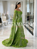 Beading Flower Luxury Trumpet Green Tulle Cape Mermaid Prom Dress