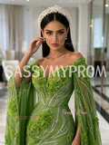 Beading Flower Luxury Trumpet Green Tulle Cape Mermaid Prom Dress
