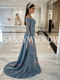 Long Sleeves Beading Sequin Dusty Blue Trumpet Mermaid Prom Dress