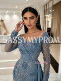 Long Sleeves Beading Sequin Dusty Blue Trumpet Mermaid Prom Dress
