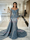 Long Sleeves Beading Sequin Dusty Blue Trumpet Mermaid Prom Dress